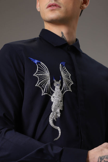 The dragon hand embroidered designer shirt - Navy