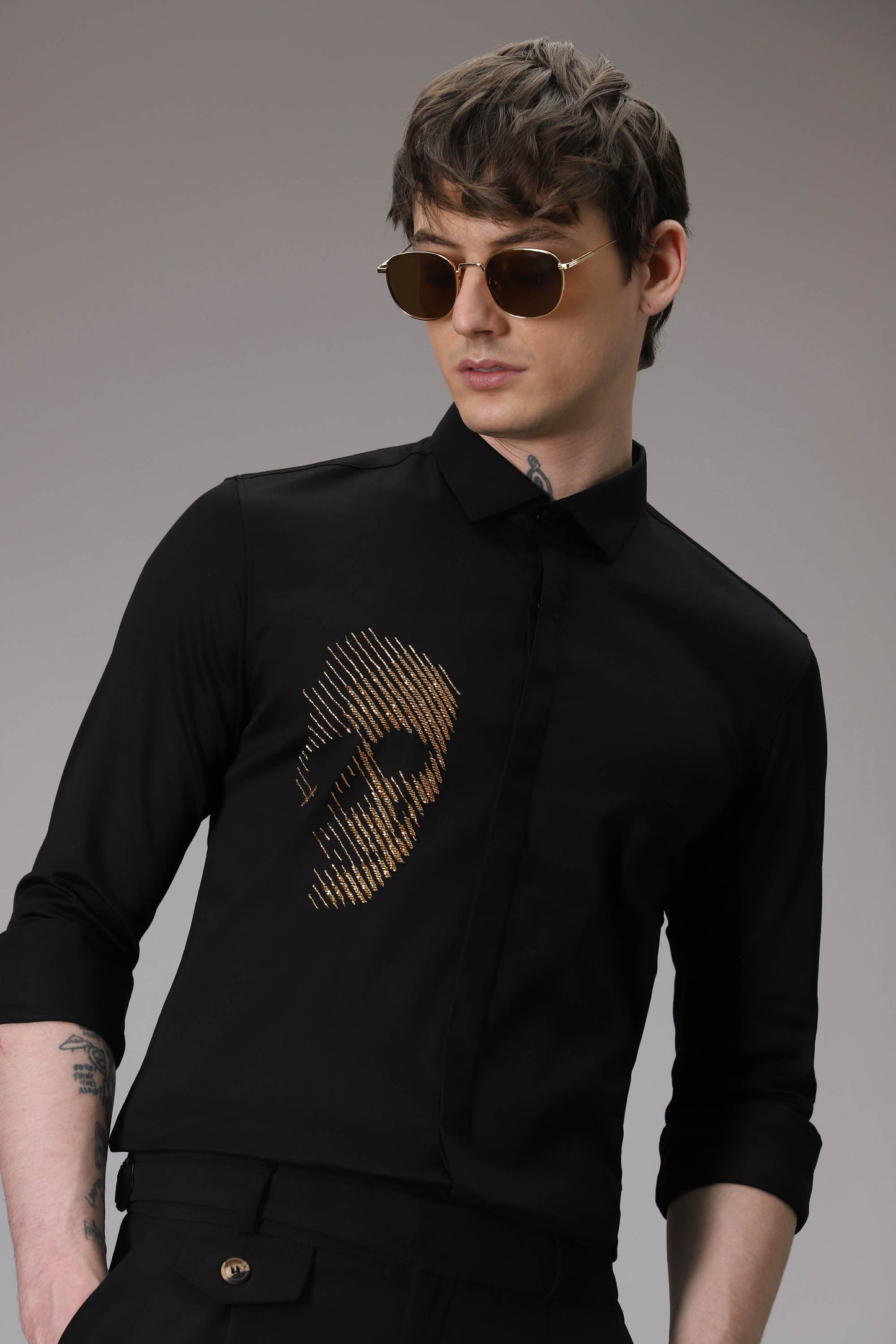 Skull Black  hand embroidered designer shirt - Black