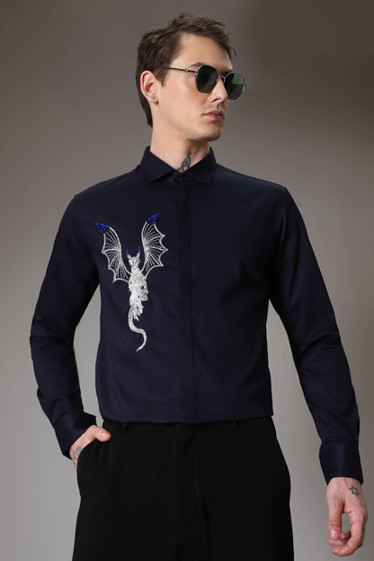 The dragon hand embroidered designer shirt - Navy