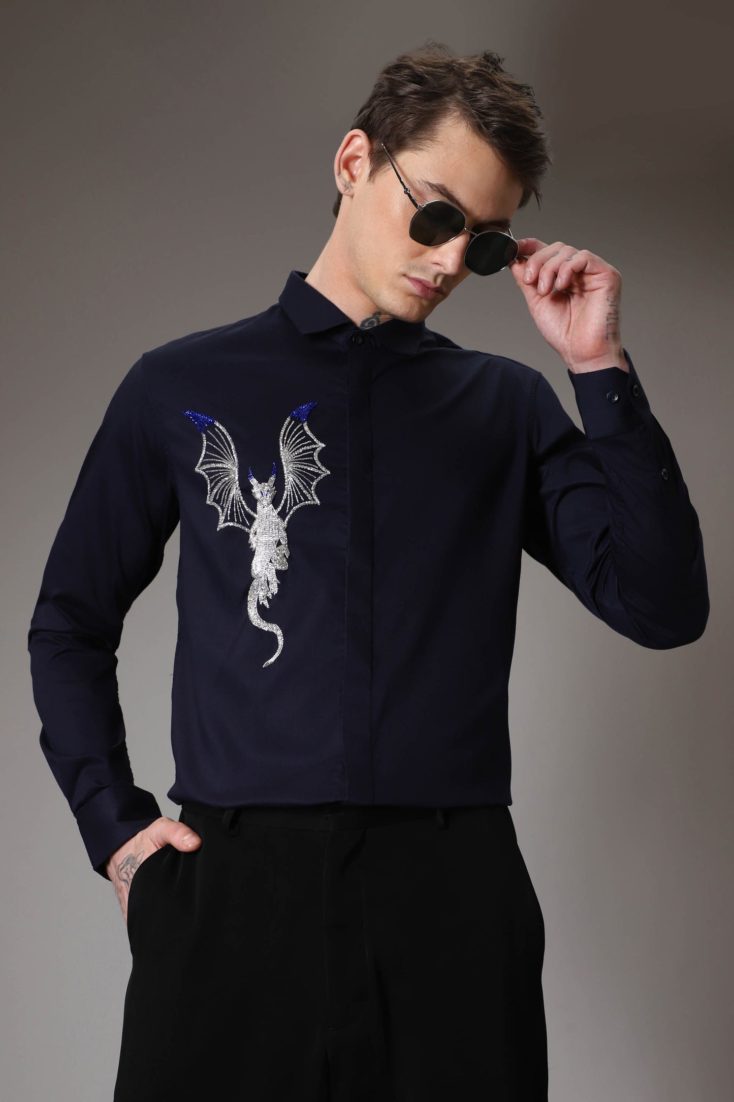 The dragon hand embroidered designer shirt - Navy