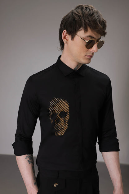 Skull Black  hand embroidered designer shirt - Black