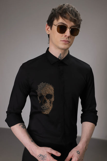 Skull Black  hand embroidered designer shirt - Black