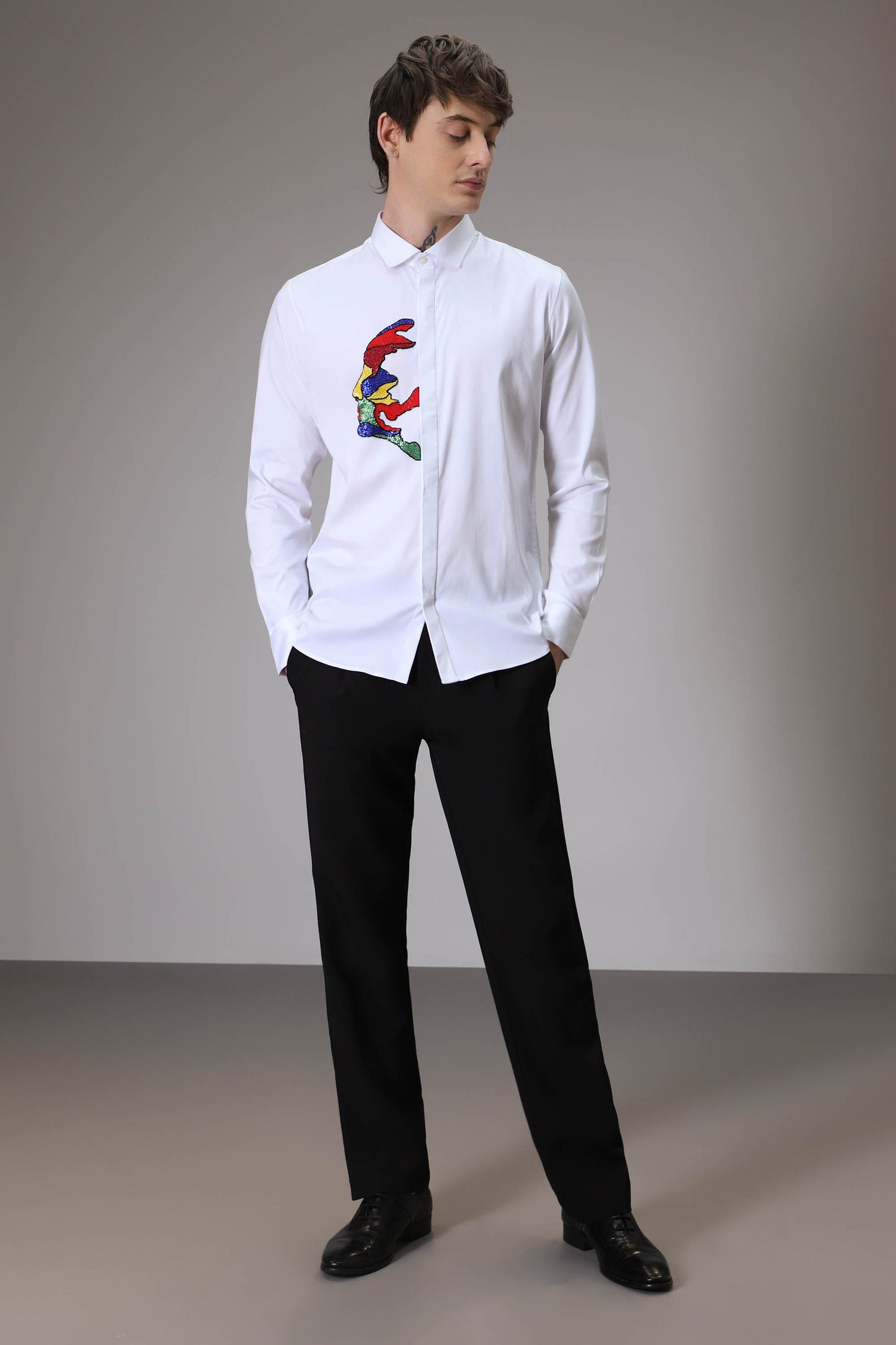 Abstract  Face hand embroidered designer shirt - White