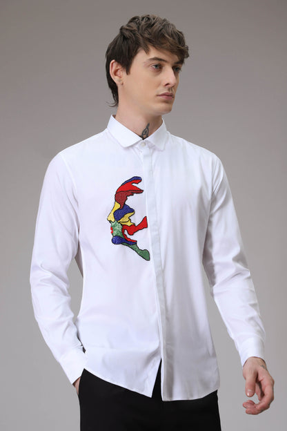 Abstract  Face hand embroidered designer shirt - White