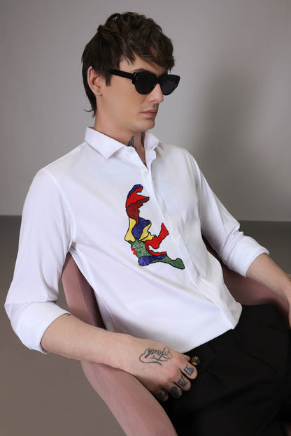 Abstract  Face hand embroidered designer shirt - White