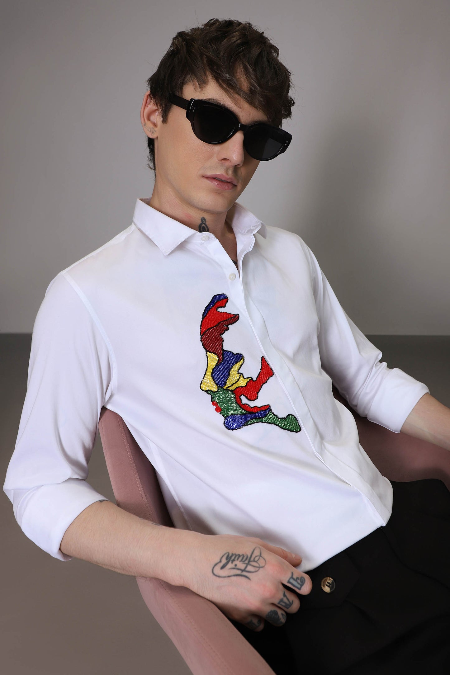 Abstract  Face hand embroidered designer shirt - White