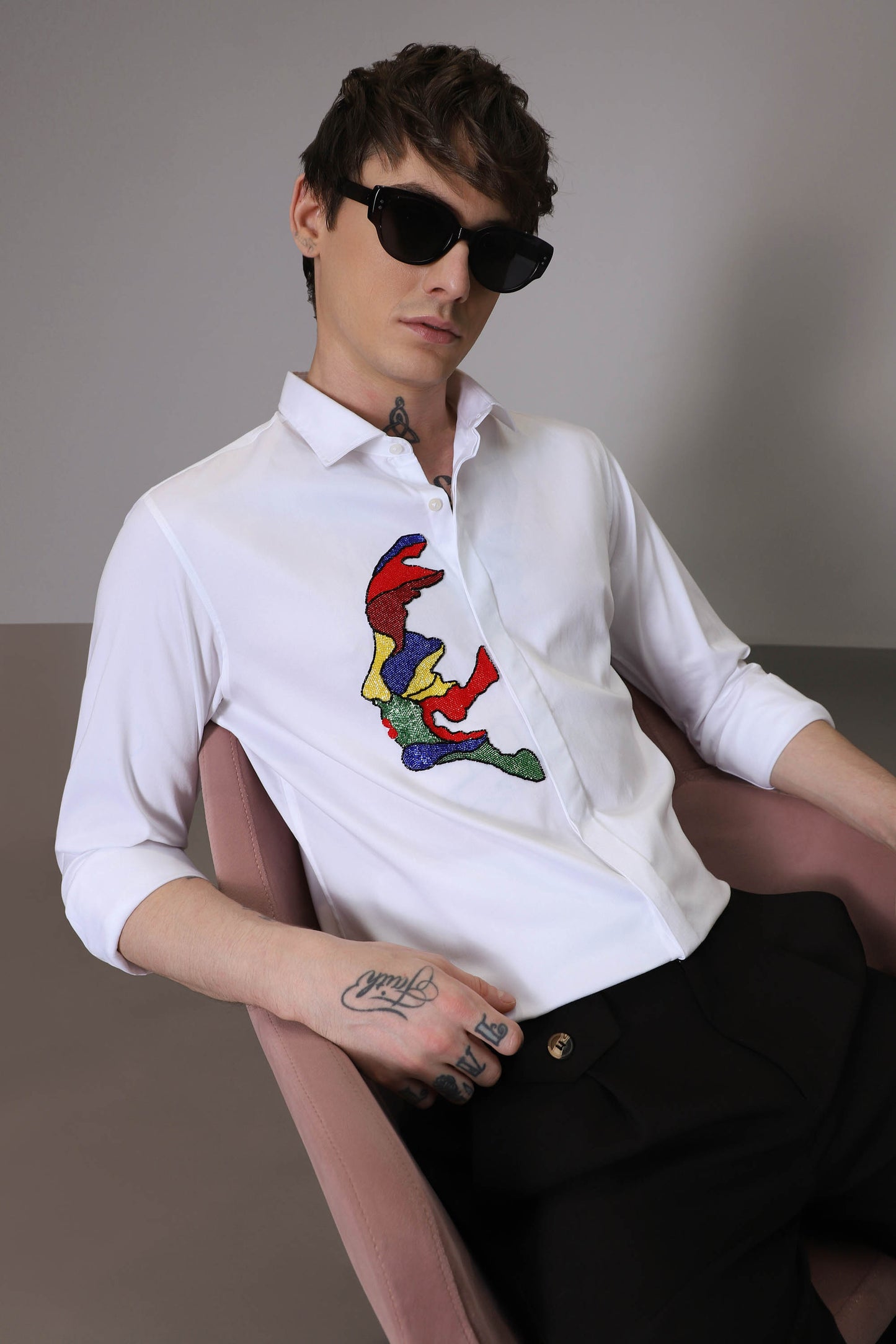 Abstract  Face hand embroidered designer shirt - White