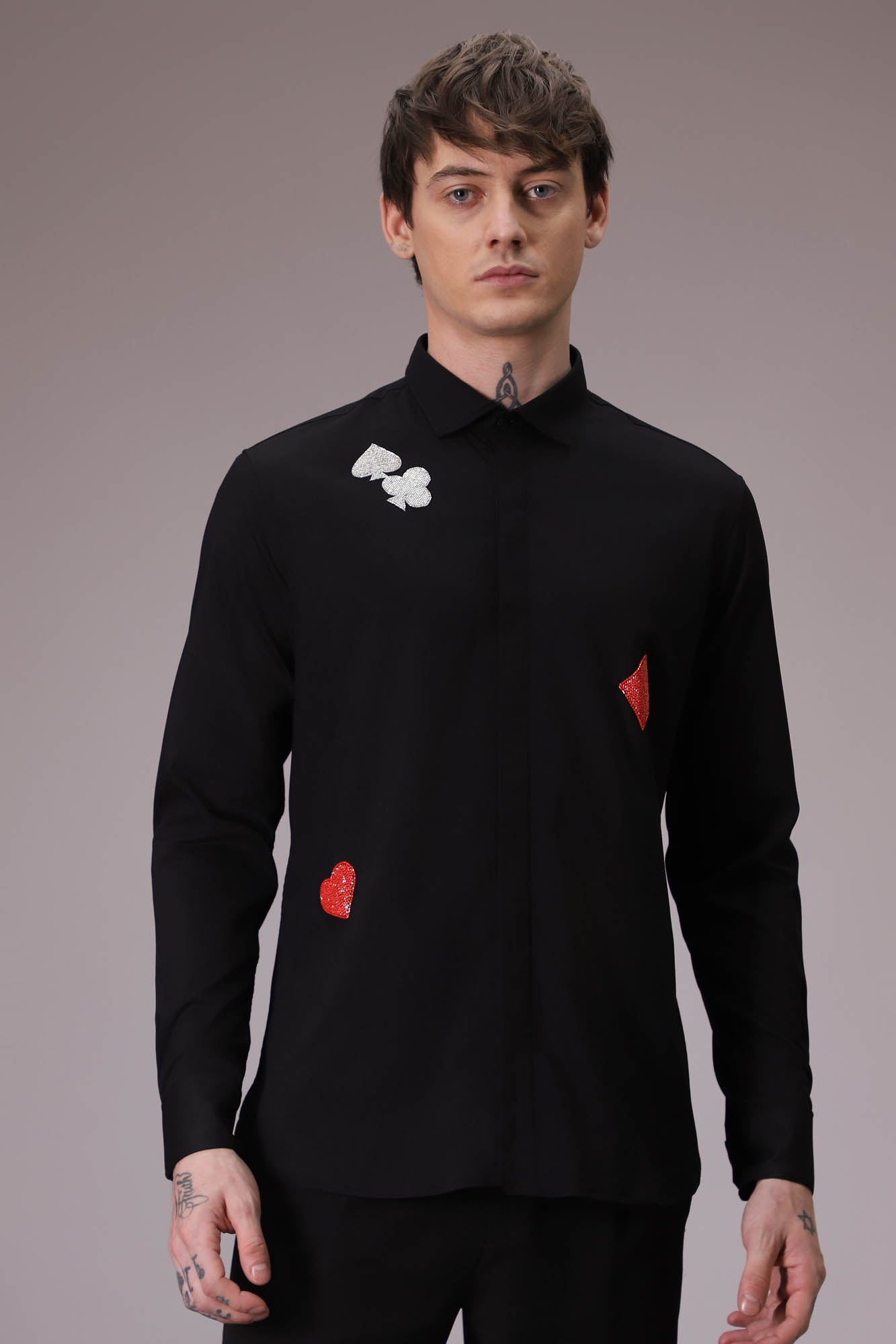 The Four Suits Deck hand embroidered designer shirt - Black