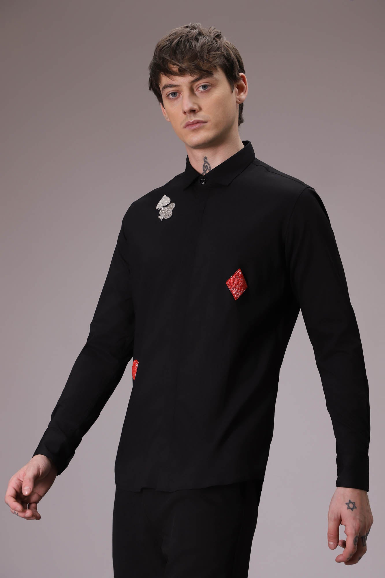 The Four Suits Deck hand embroidered designer shirt - Black