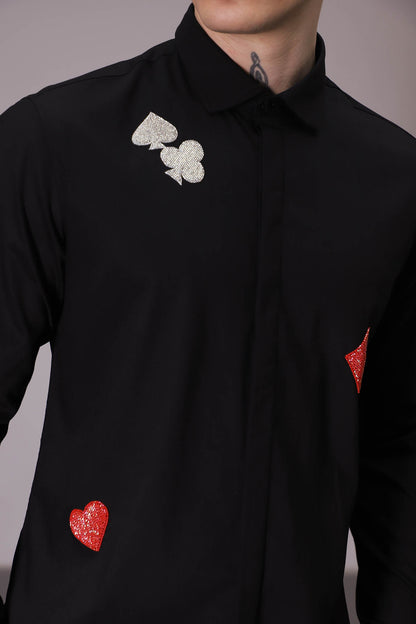 The Four Suits Deck hand embroidered designer shirt - Black