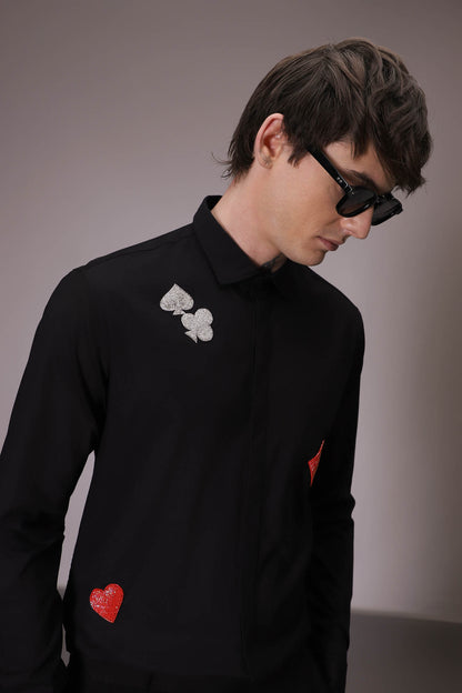 The Four Suits Deck hand embroidered designer shirt - Black