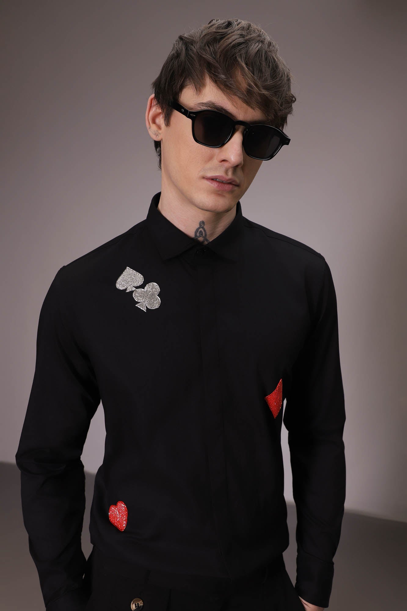 The Four Suits Deck hand embroidered designer shirt - Black