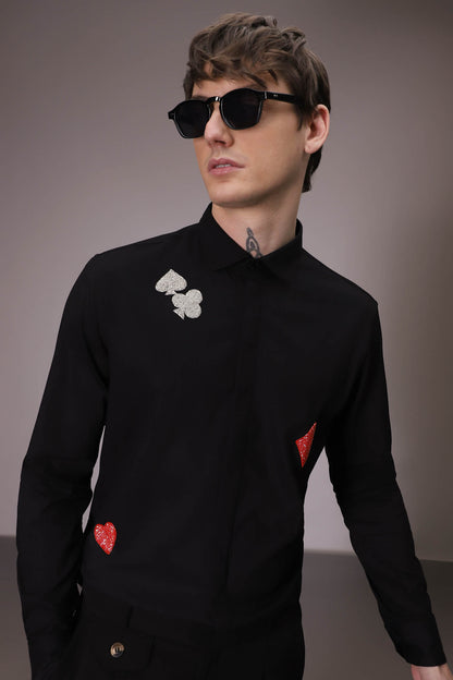 The Four Suits Deck hand embroidered designer shirt - Black