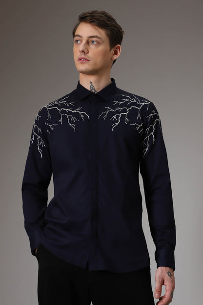 Lightening  hand embroidered designer shirt - Navy