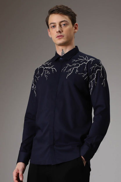 Lightening  hand embroidered designer shirt - Navy