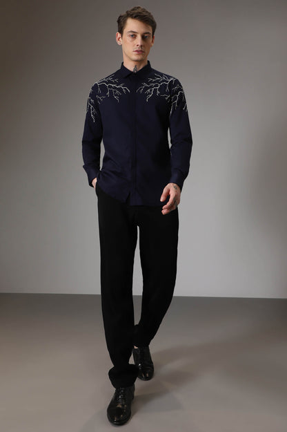 Lightening  hand embroidered designer shirt - Navy