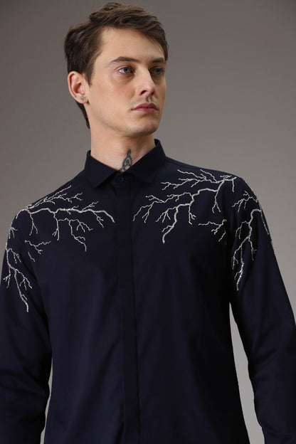 Lightening  hand embroidered designer shirt - Navy