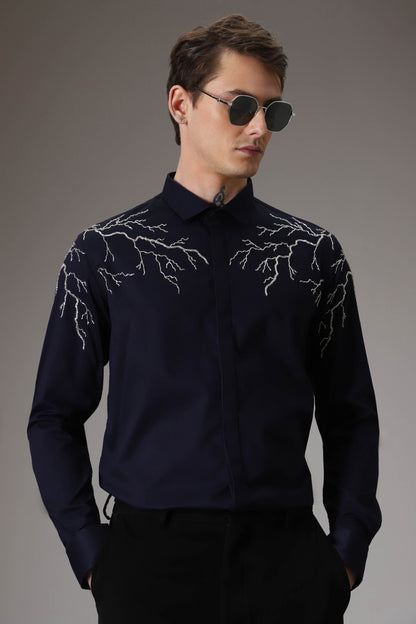 Lightening  hand embroidered designer shirt - Navy