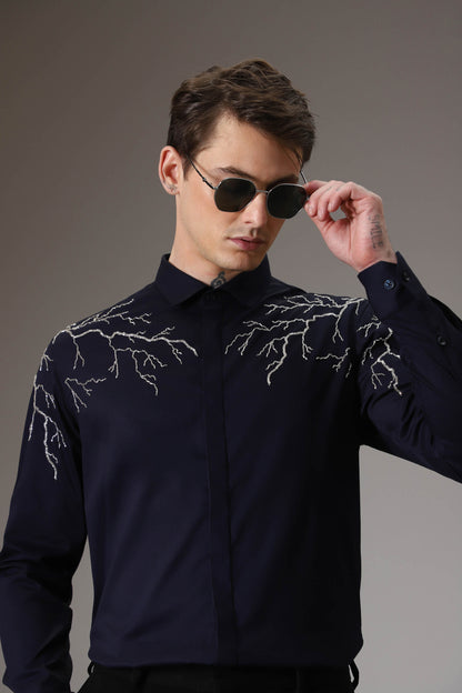 Lightening  hand embroidered designer shirt - Navy