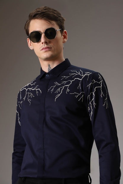 Lightening  hand embroidered designer shirt - Navy