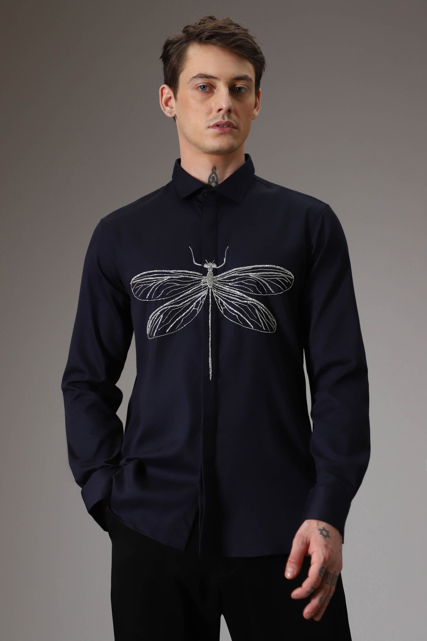 The dragonfly hand embroidered designer shirt - Navy