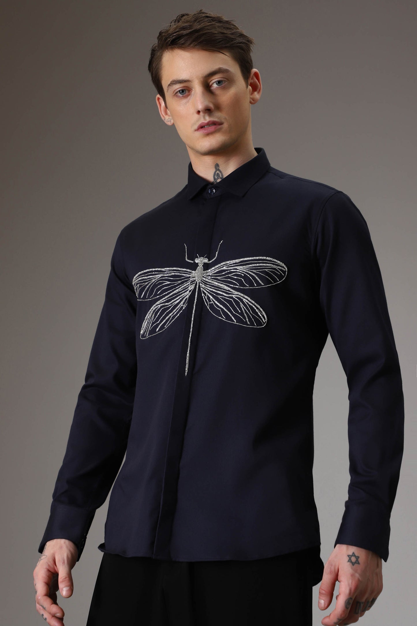 The dragonfly hand embroidered designer shirt - Navy