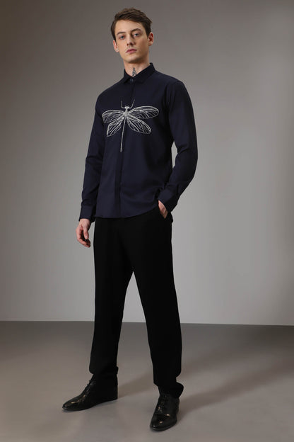 The dragonfly hand embroidered designer shirt - Navy