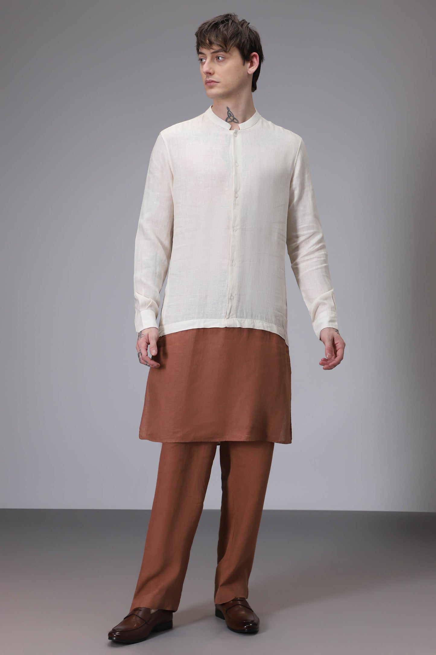 Beige with Brown designer linen kurta set