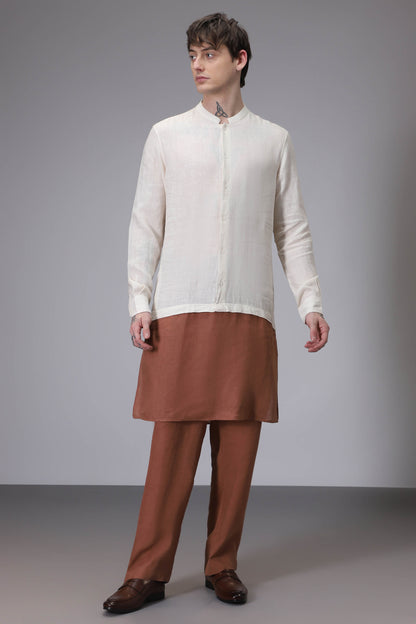 Beige with Brown designer linen kurta set