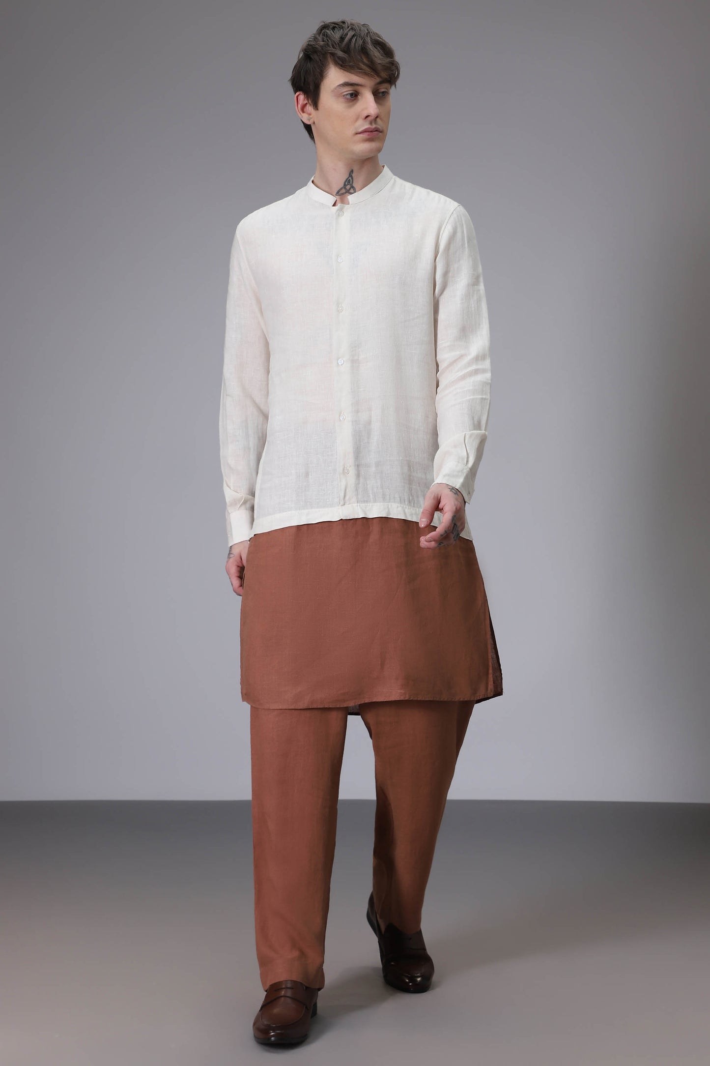 Beige with Brown designer linen kurta set