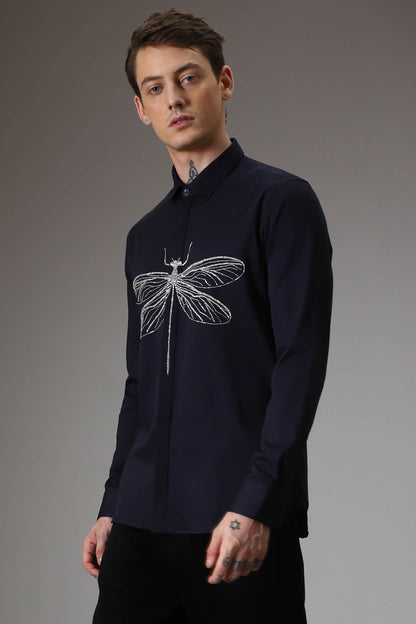 The dragonfly hand embroidered designer shirt - Navy