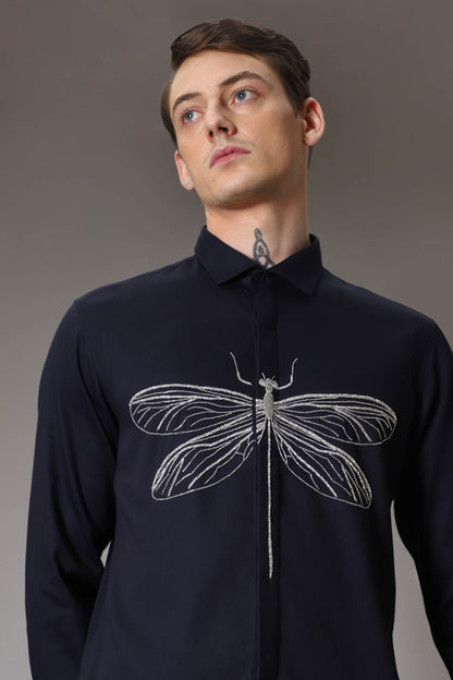 The dragonfly hand embroidered designer shirt - Navy