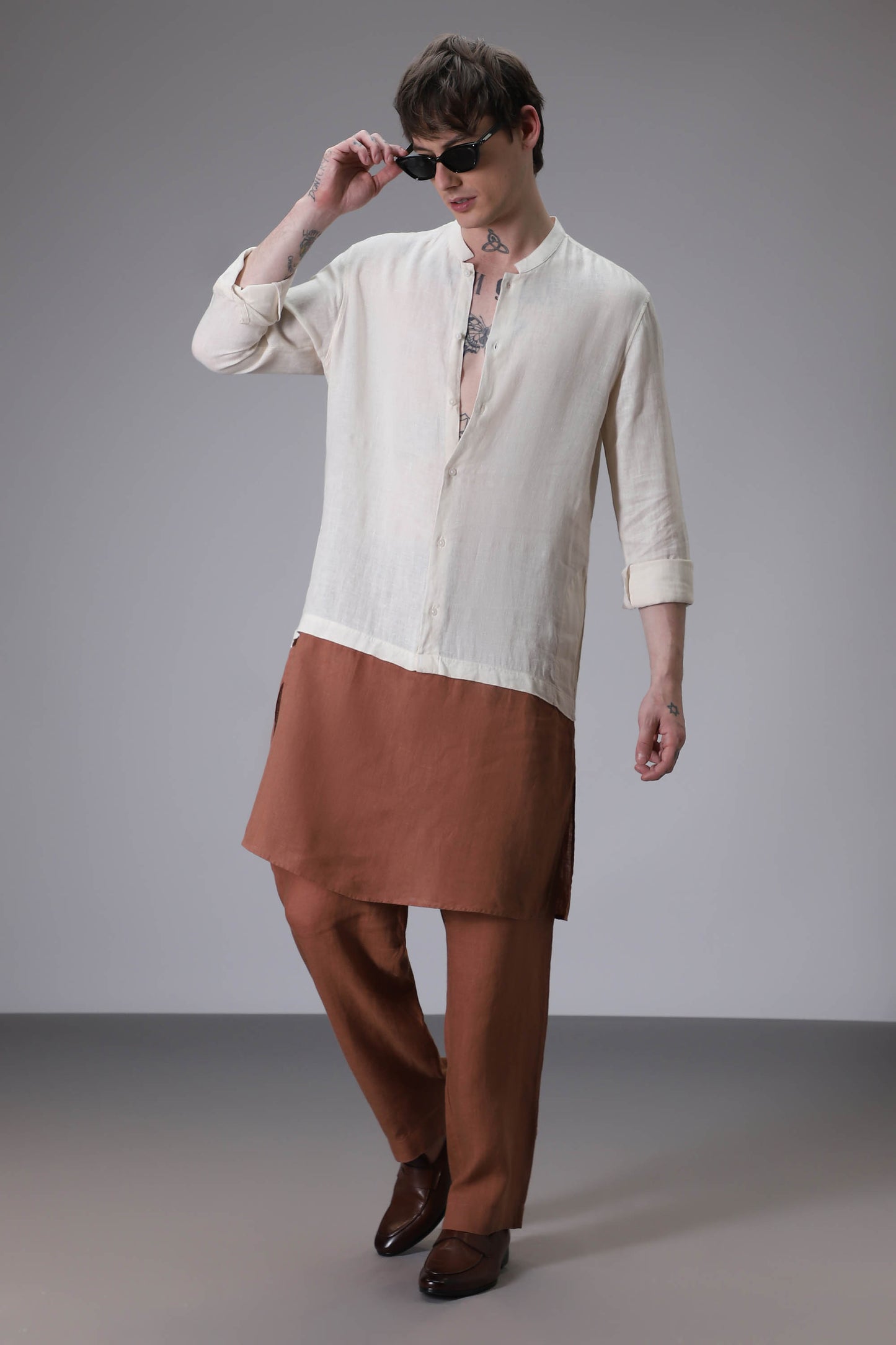 Beige with Brown designer linen kurta set