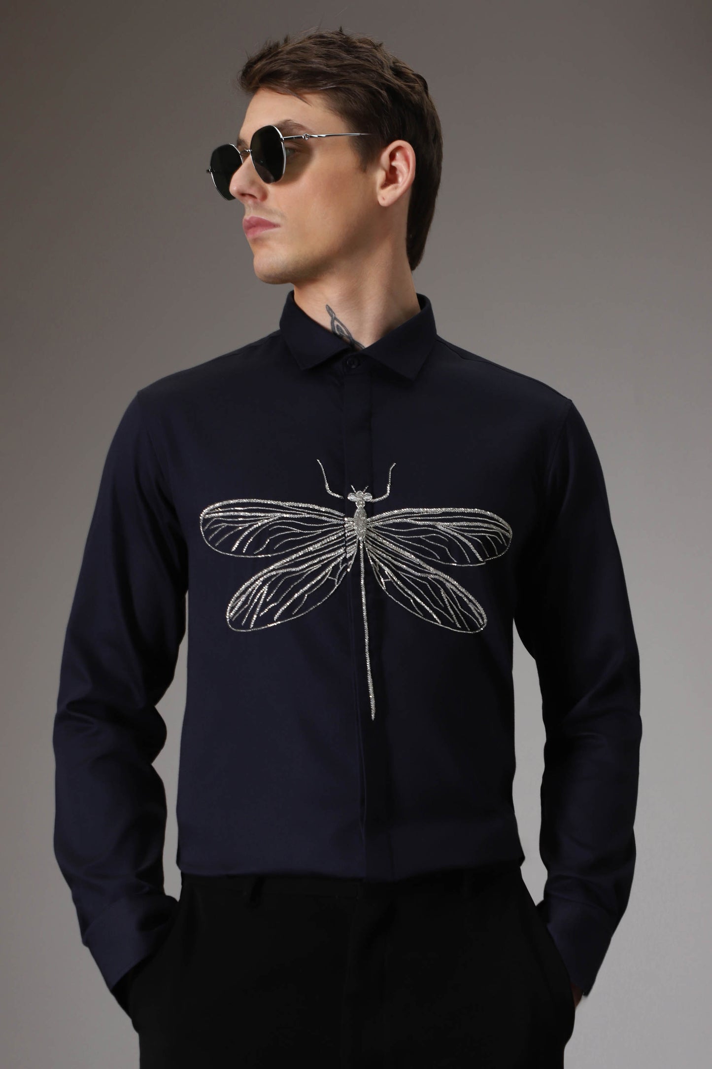 The dragonfly hand embroidered designer shirt - Navy