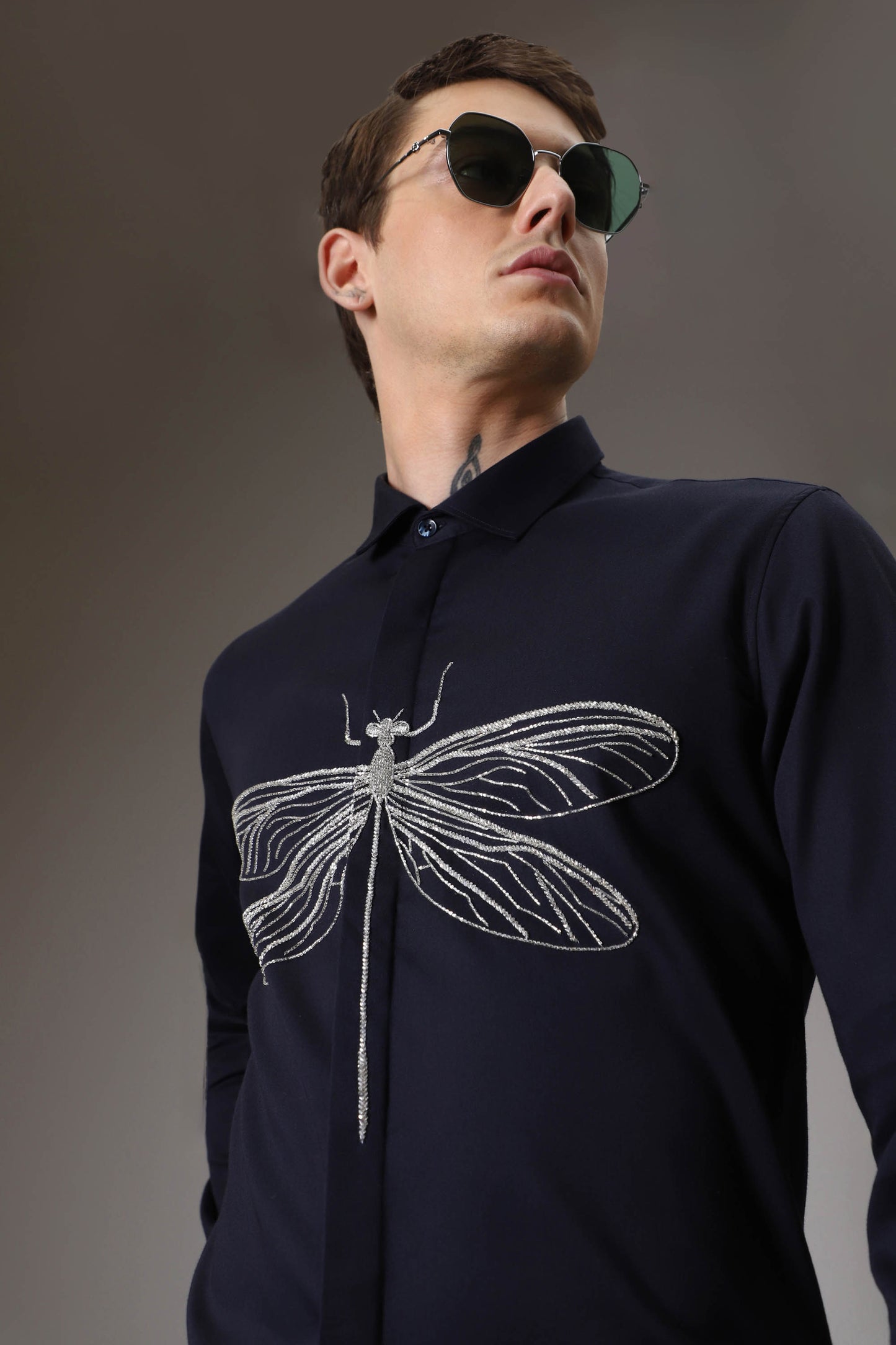 The dragonfly hand embroidered designer shirt - Navy