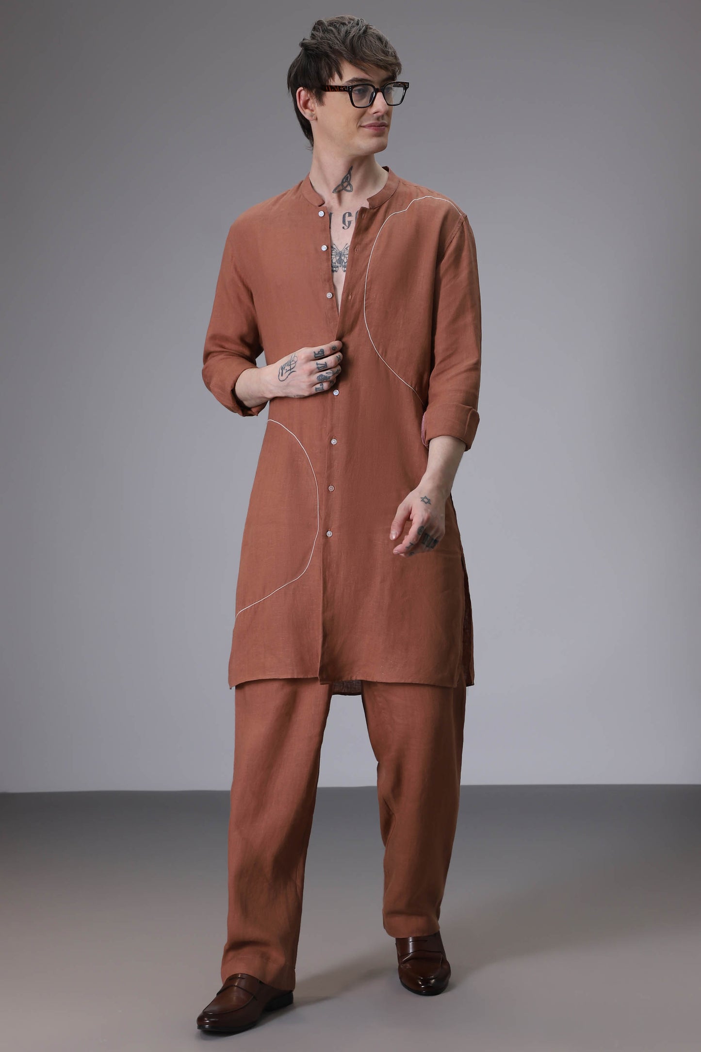 Brown designer linen kurta set