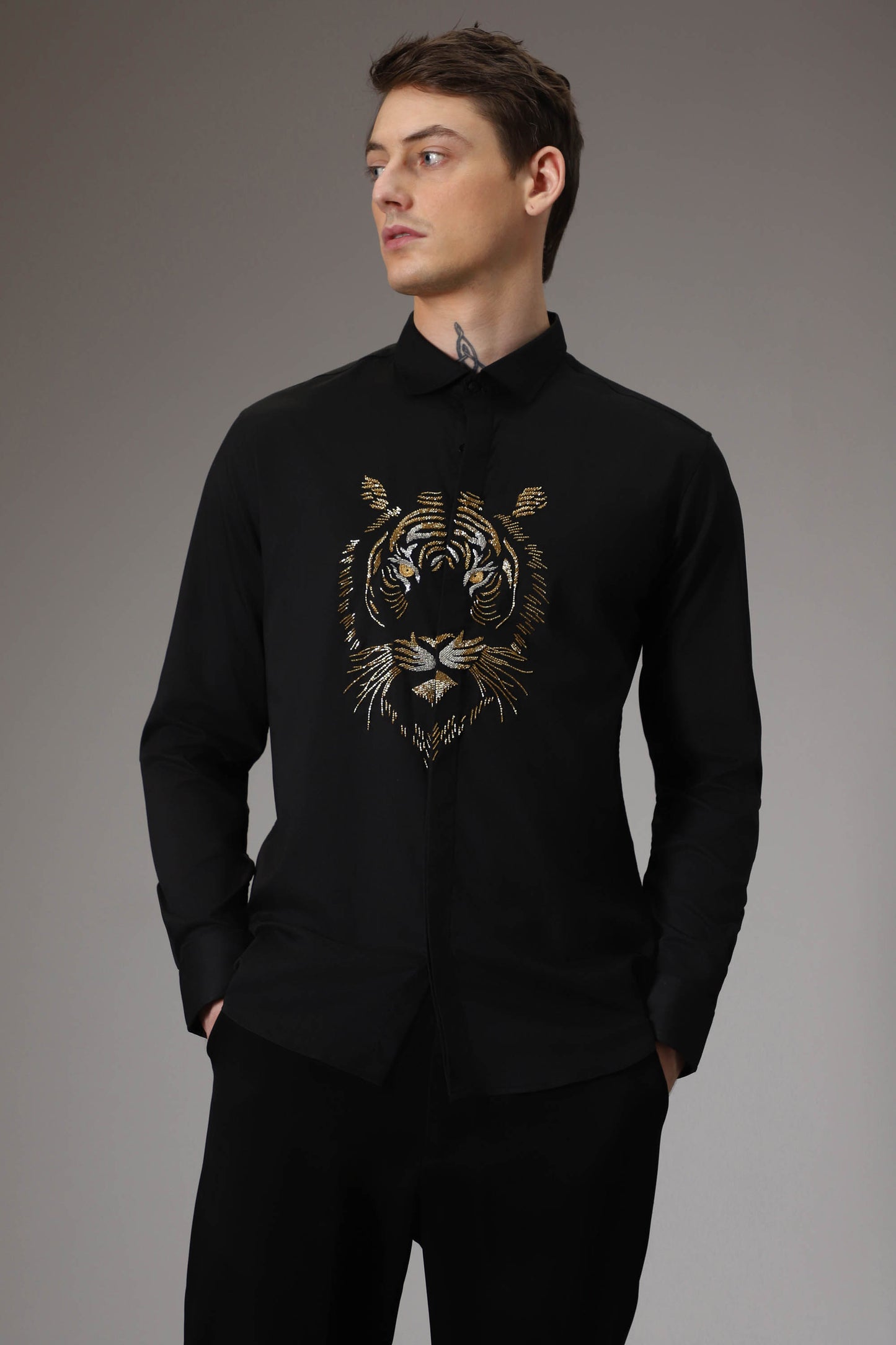 Relentless tiger hand embroidered designer shirt - Black