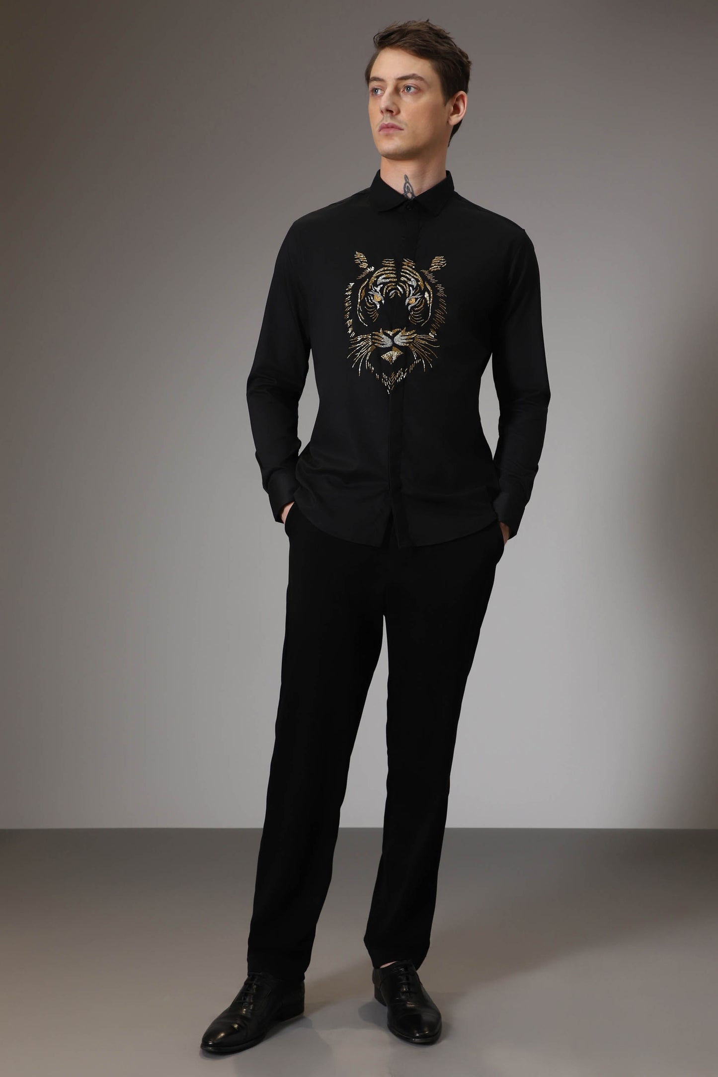 Relentless tiger hand embroidered designer shirt - Black