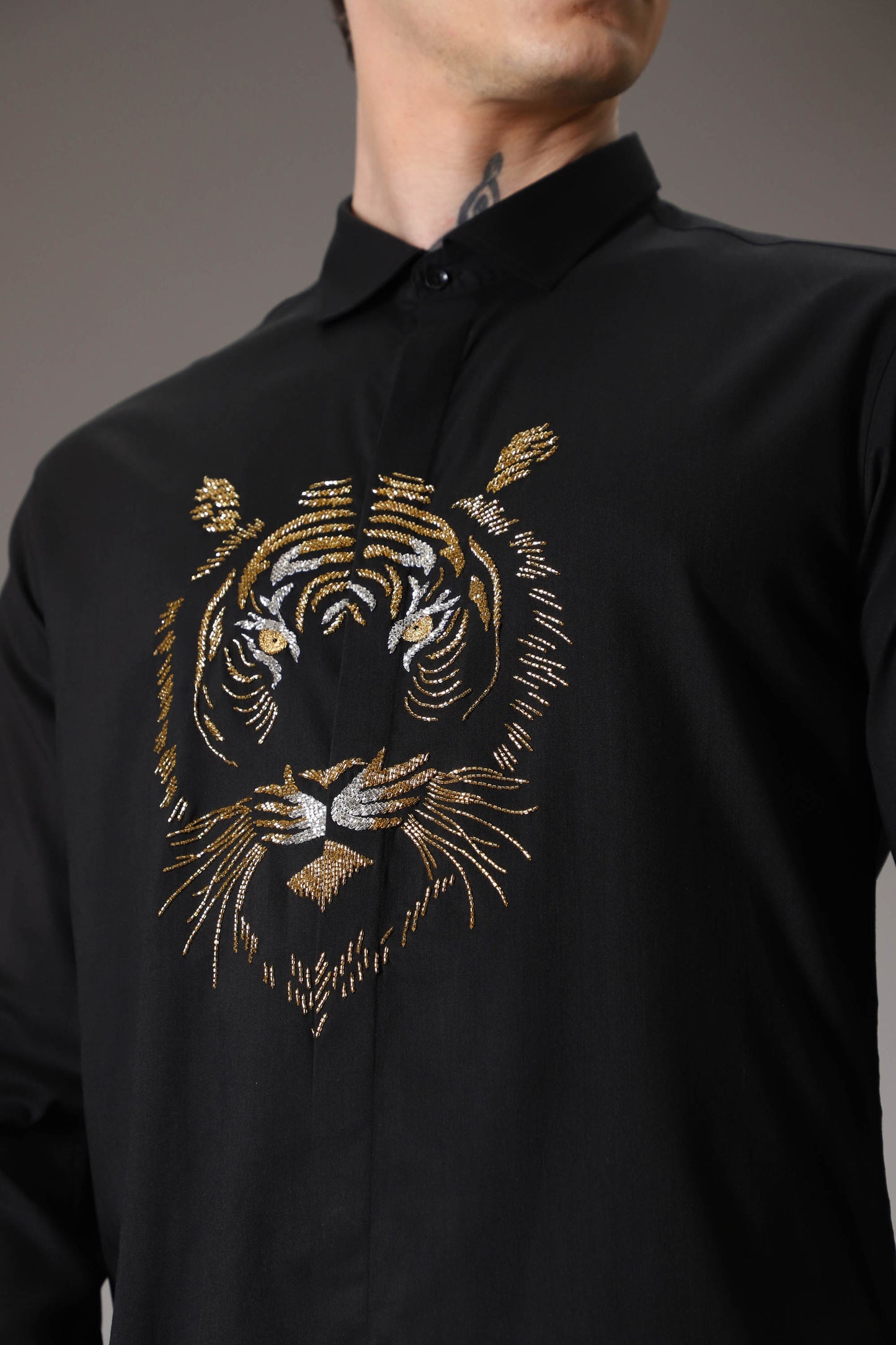 Relentless tiger hand embroidered designer shirt - Black