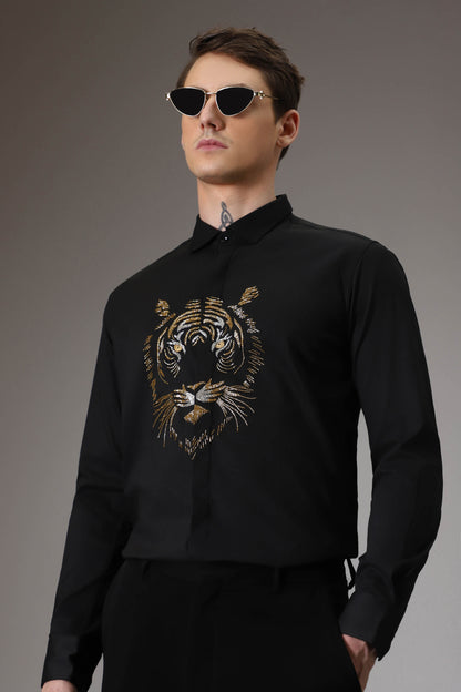 Relentless tiger hand embroidered designer shirt - Black