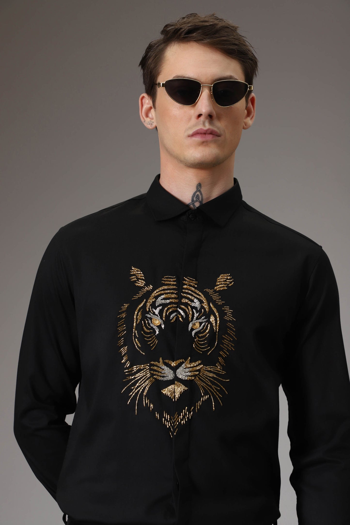 Relentless tiger hand embroidered designer shirt - Black